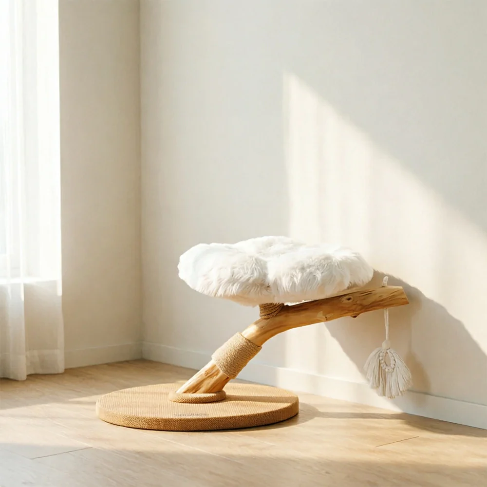 PAWORA Cloud Flower Wood Cat Tree - 48cm Single-Level Solid Wood Cat Perch with Plush Platform - White - Image 4
