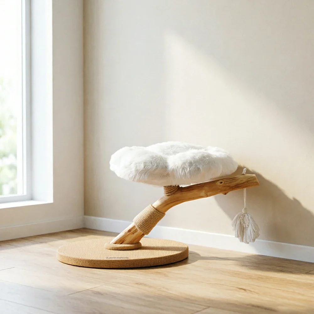 PAWORA Cloud Flower Wood Cat Tree - 48cm Single-Level Solid Wood Cat Perch with Plush Platform - White - Image 5