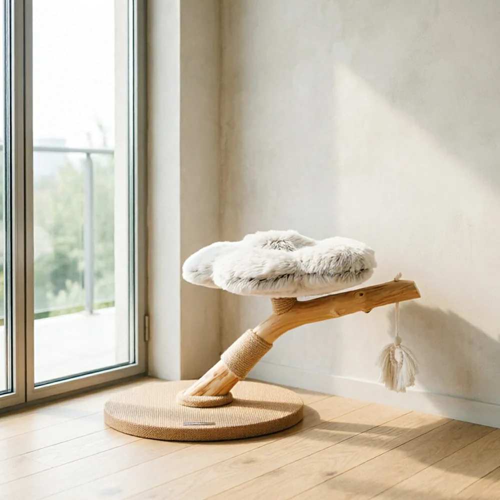 PAWORA Cloud Flower Wood Cat Tree - 48cm Single-Level Solid Wood Cat Perch with Plush Platform - Grey - Image 4