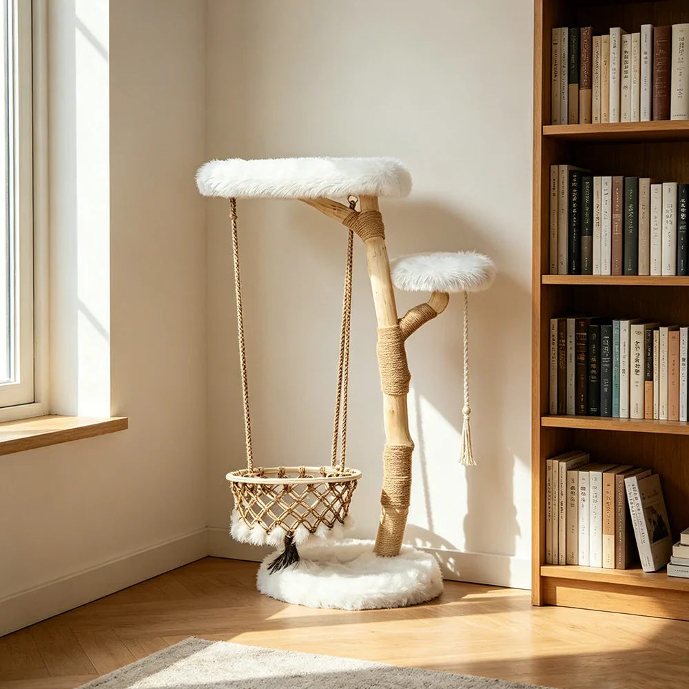 PAWORA Cloud Swing Wood Cat Tree - 151cm Large Solid Wood Cat Tower with Hanging Basket - White - Image 5