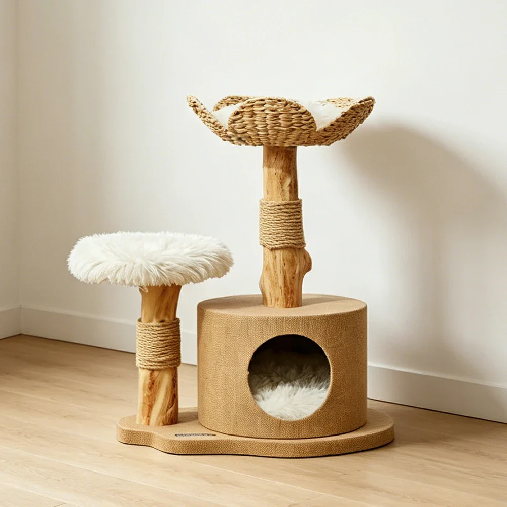 PAWORA Cattail Cat Tree with Natural Wood Scratching Posts 74cm Indoor Cat Condo - Beige - Image 2