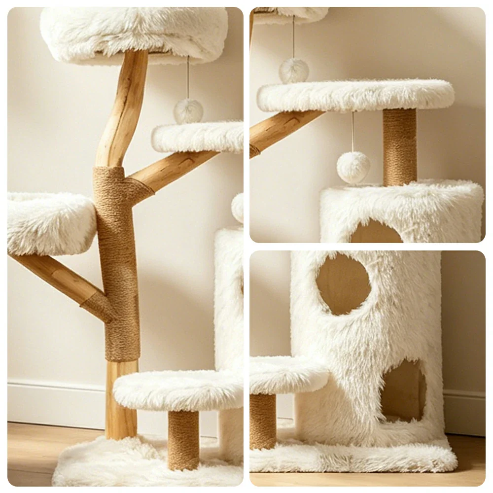 PAWORA Multi Level Cat Tree with Natural Wood Scratching Posts 132.5cm Indoor Cat Condo - Beige - Image 3
