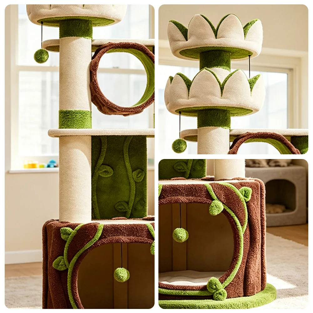 PAWORA Lotus Castle Cat Tree - 186cm Multi-Level Cat Tower with Hideaway and Scratching Posts - White Green - Image 3