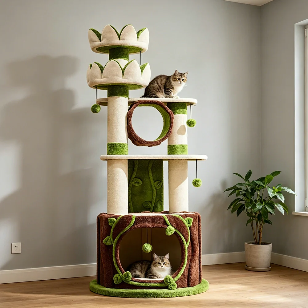 PAWORA Lotus Castle Cat Tree - 186cm Multi-Level Cat Tower with Hideaway and Scratching Posts - White Green - Image 4