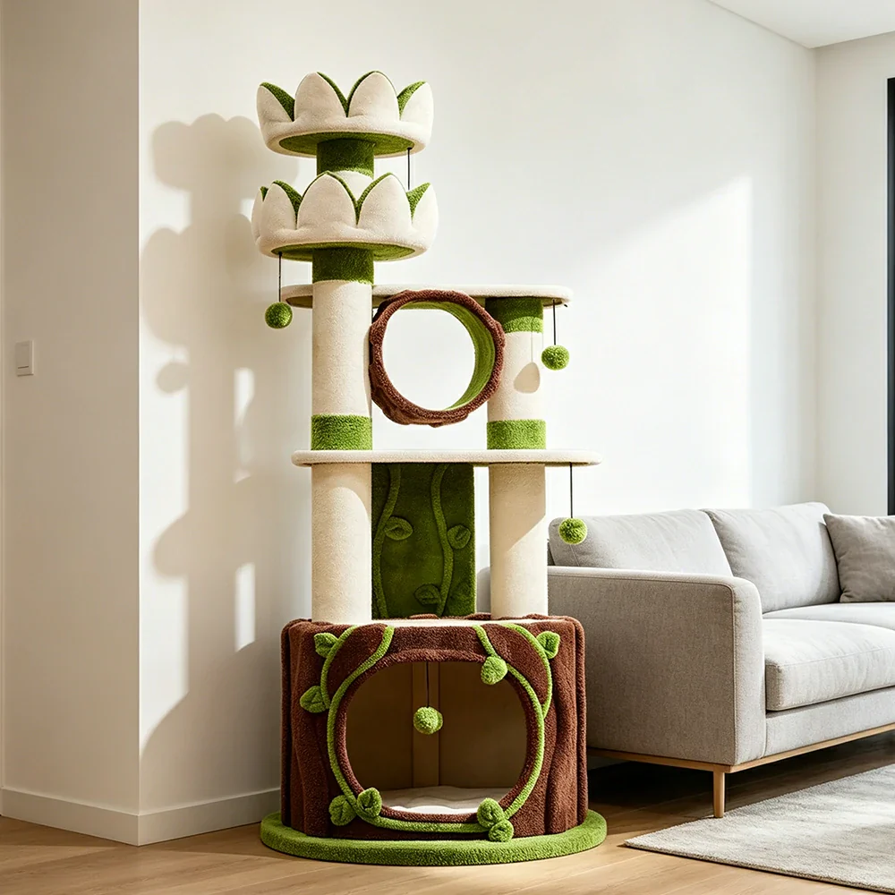 PAWORA Lotus Castle Cat Tree - 186cm Multi-Level Cat Tower with Hideaway and Scratching Posts - White Green - Image 5