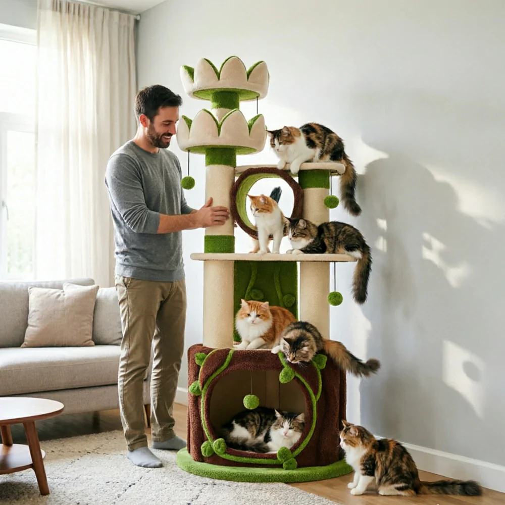 PAWORA Lotus Castle Cat Tree - 186cm Multi-Level Cat Tower with Hideaway and Scratching Posts - White Green - Image 6