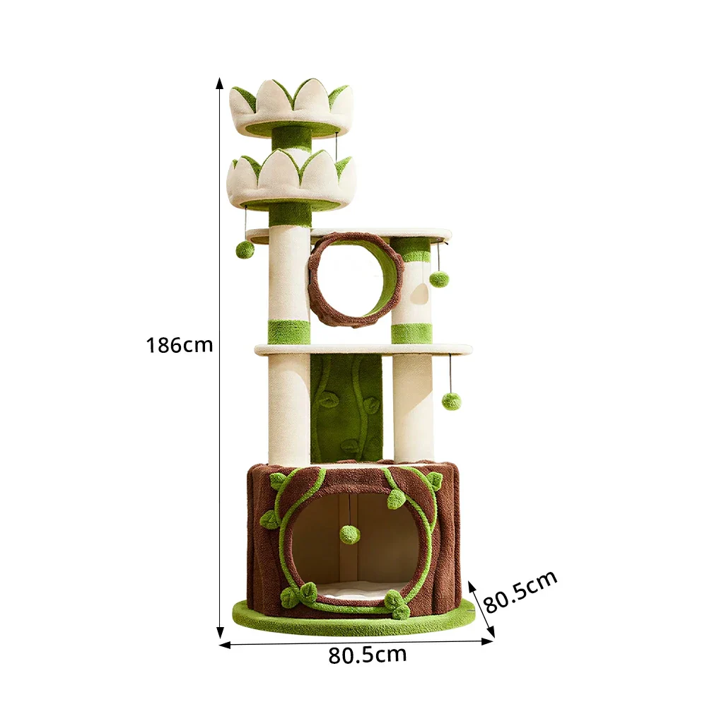 PAWORA Lotus Castle Cat Tree - 186cm Multi-Level Cat Tower with Hideaway and Scratching Posts - White Green - Image 7