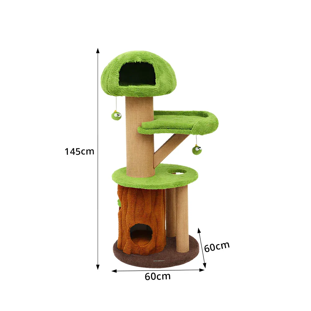 PAWORA Forest Tree House Cat Tree - 145cm Multi-Level Cat Tower with Hideaway and Scratching Posts - Green & Brown - Image 7
