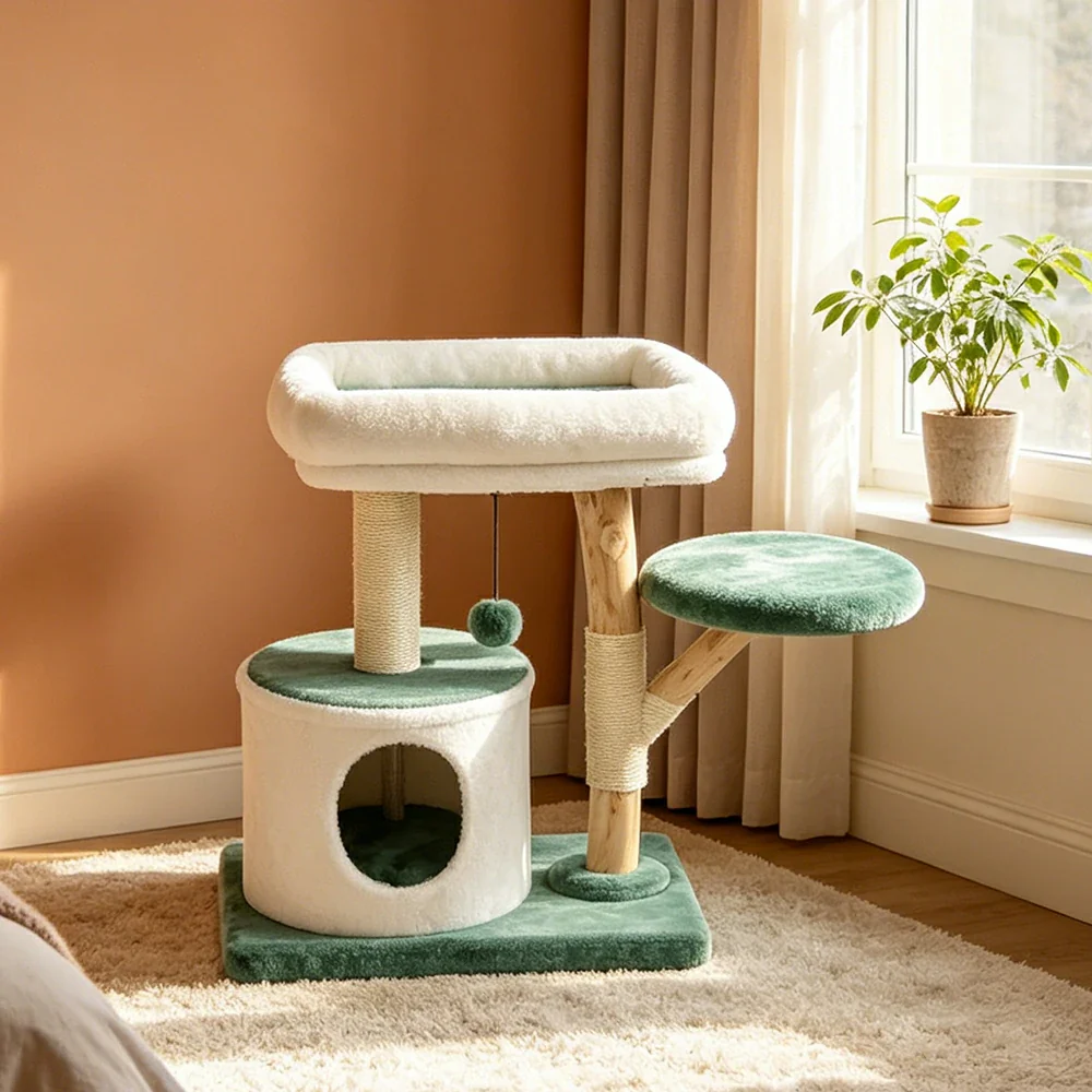 PAWORA Hole House Cat Tree - 75cm Compact Cat Tower with Hideaway Bed and Scratching Posts - Teal & White - Image 5