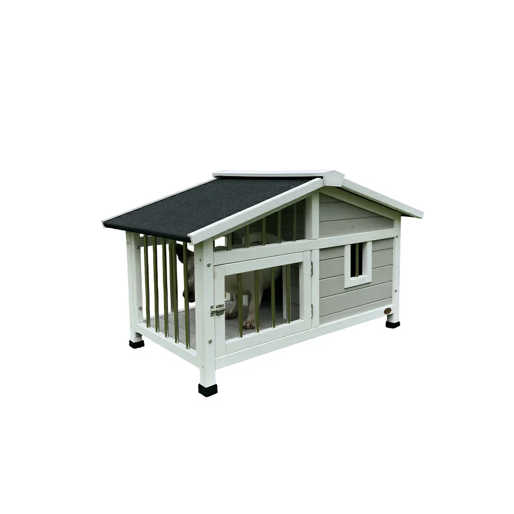 PAWORA Outdoor Fenced Dog House Solid Wood Waterproof Roof Openable Folding Support for Dogs under 7.5kg Courtyard Garden Balcony - Grey