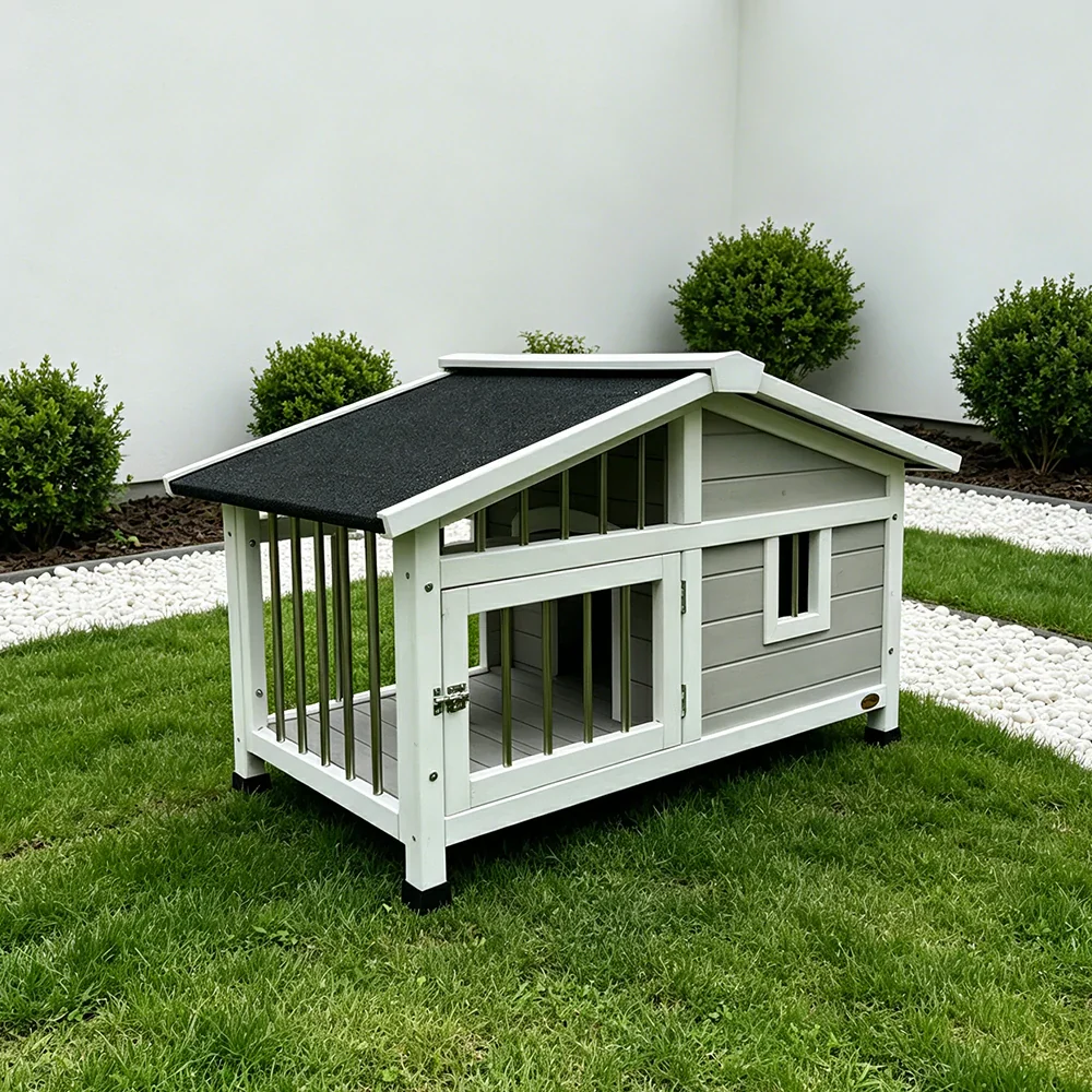 PAWORA Outdoor Fenced Dog House Solid Wood Waterproof Roof Openable Folding Support for Dogs under 7.5kg Courtyard Garden Balcony - Grey - Image 5