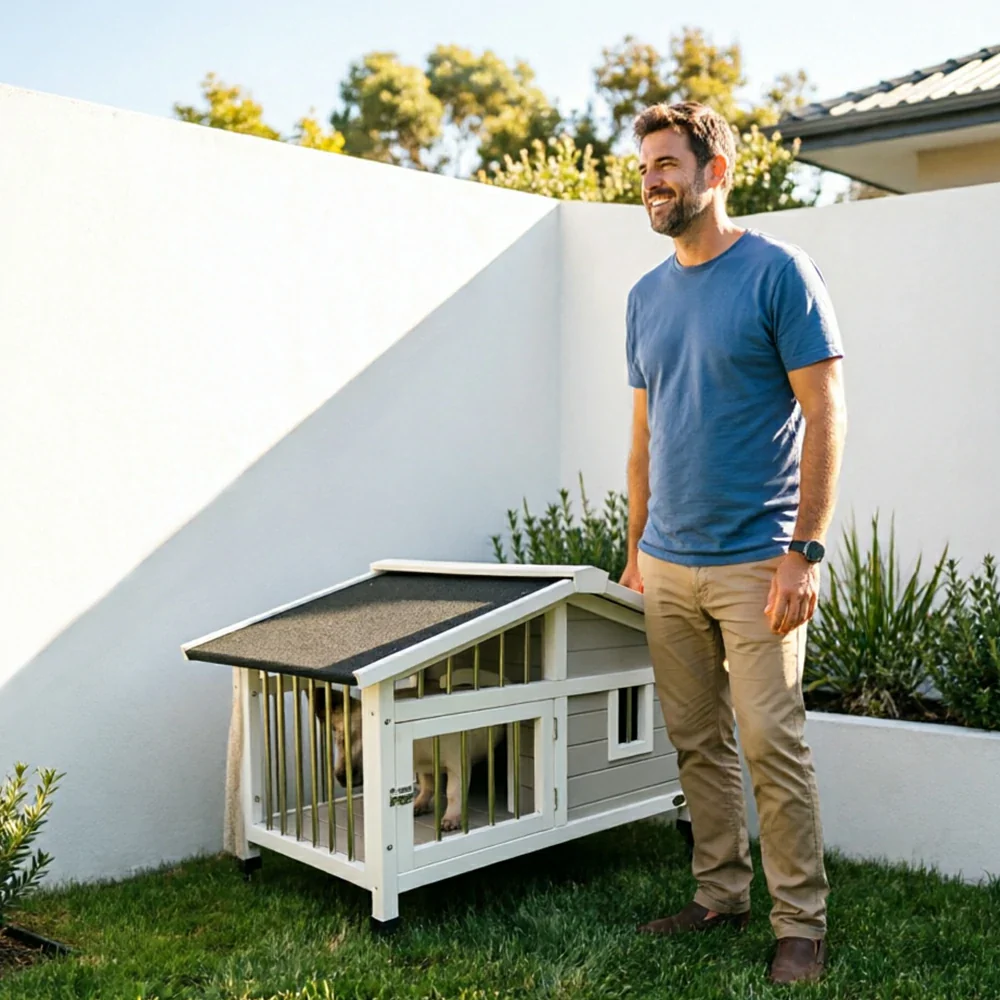 PAWORA Outdoor Fenced Dog House Solid Wood Waterproof Roof Openable Folding Support for Dogs under 7.5kg Courtyard Garden Balcony - Grey - Image 6