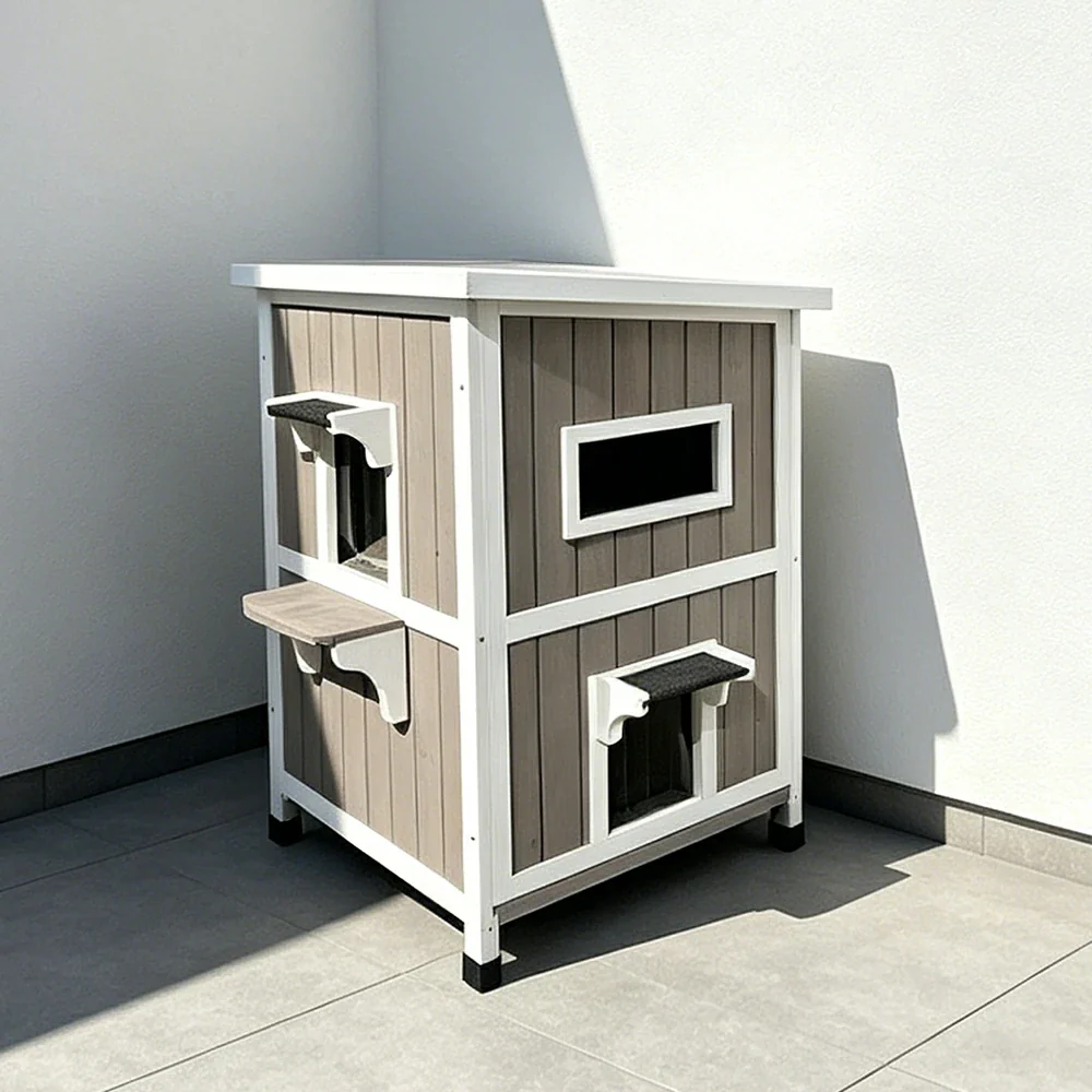 PAWORA Solid Wood Double-Layer Cat House with Semi-Open Roof, Removable Floor & Side Window For Patio & Balcony - Image 2