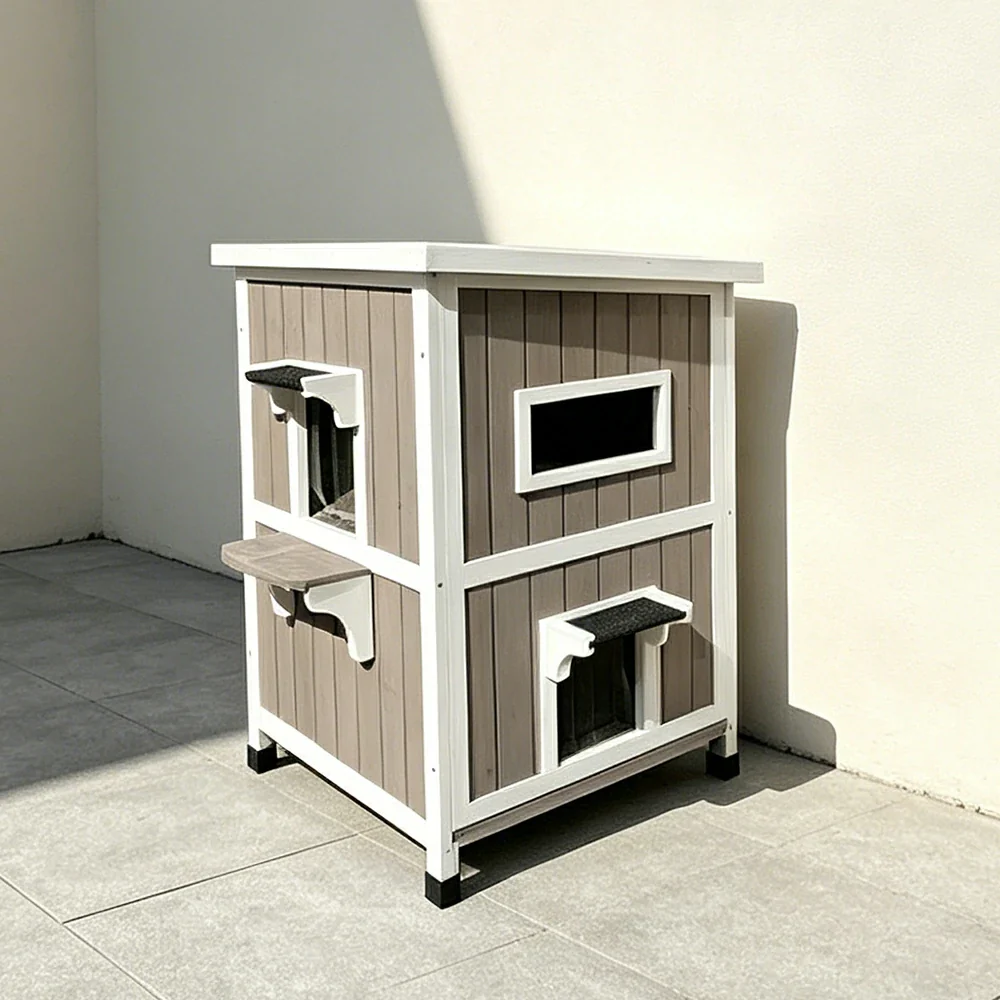 PAWORA Solid Wood Double-Layer Cat House with Semi-Open Roof, Removable Floor & Side Window For Patio & Balcony - Image 4