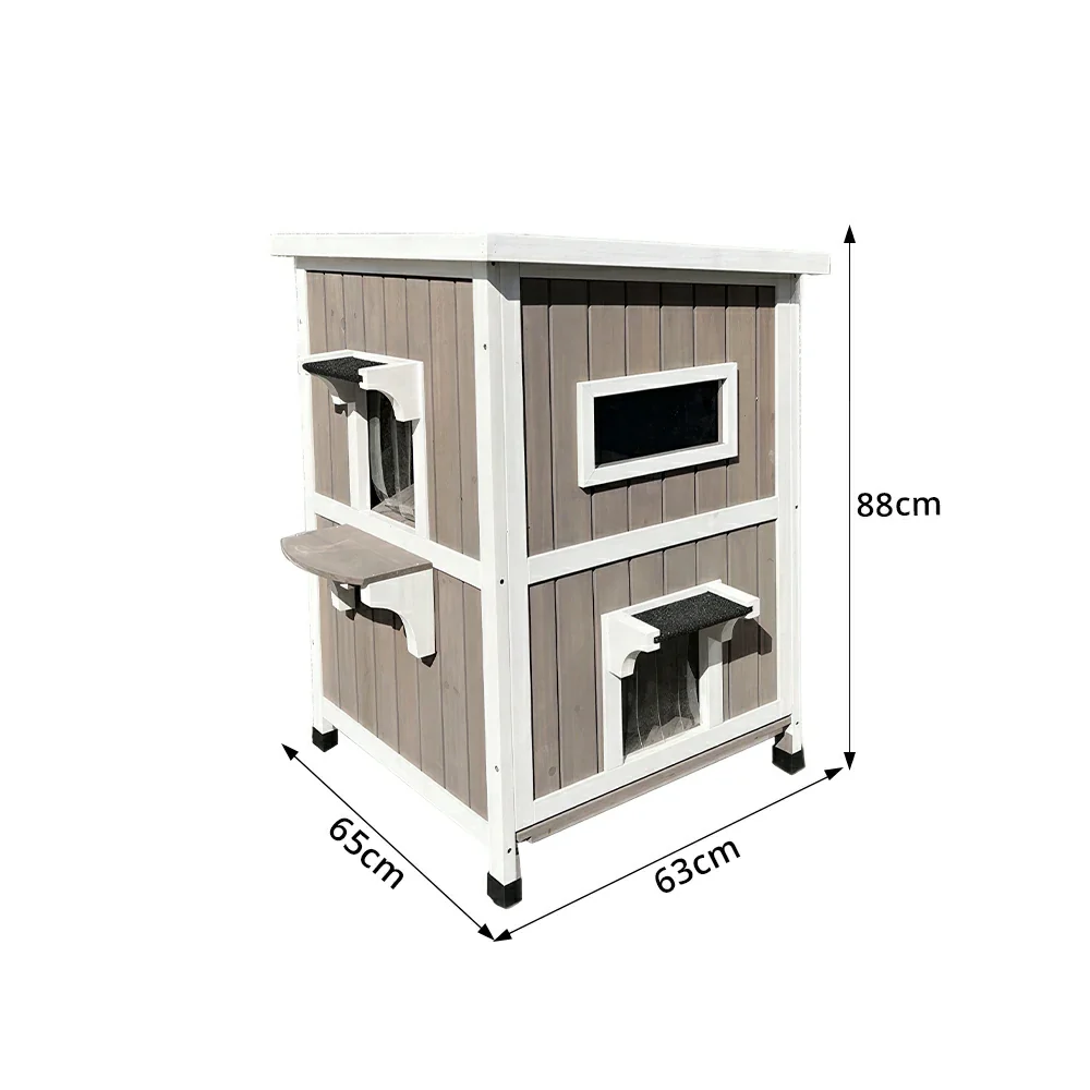 PAWORA Solid Wood Double-Layer Cat House with Semi-Open Roof, Removable Floor & Side Window For Patio & Balcony - Image 7