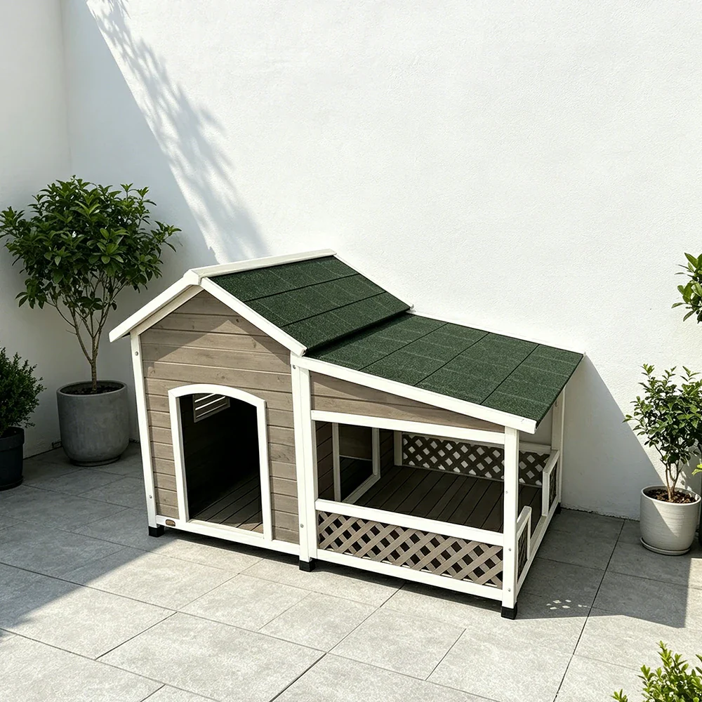 PAWORA Solid Wood Dog House with Extended Side Space Raised Waterproof Design & Weather-Resistant Roof For Patio Balcony - Image 2