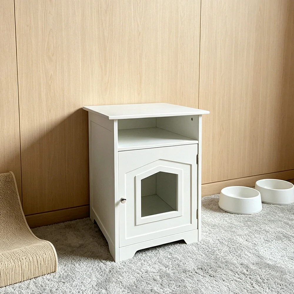 PAWORA Cat House Bedside Cabinet with Extra-Large Entrance Open Storage Shelf For Bedroom Living Room Pet Area - Image 2