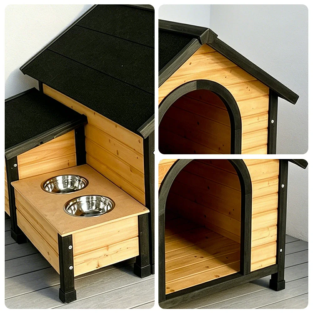 PAWORA Solid Wood Dog House with Side Double-Bowl Feeding Station and Built-In Storage Box For Outdoor Patio Lawn - Image 3