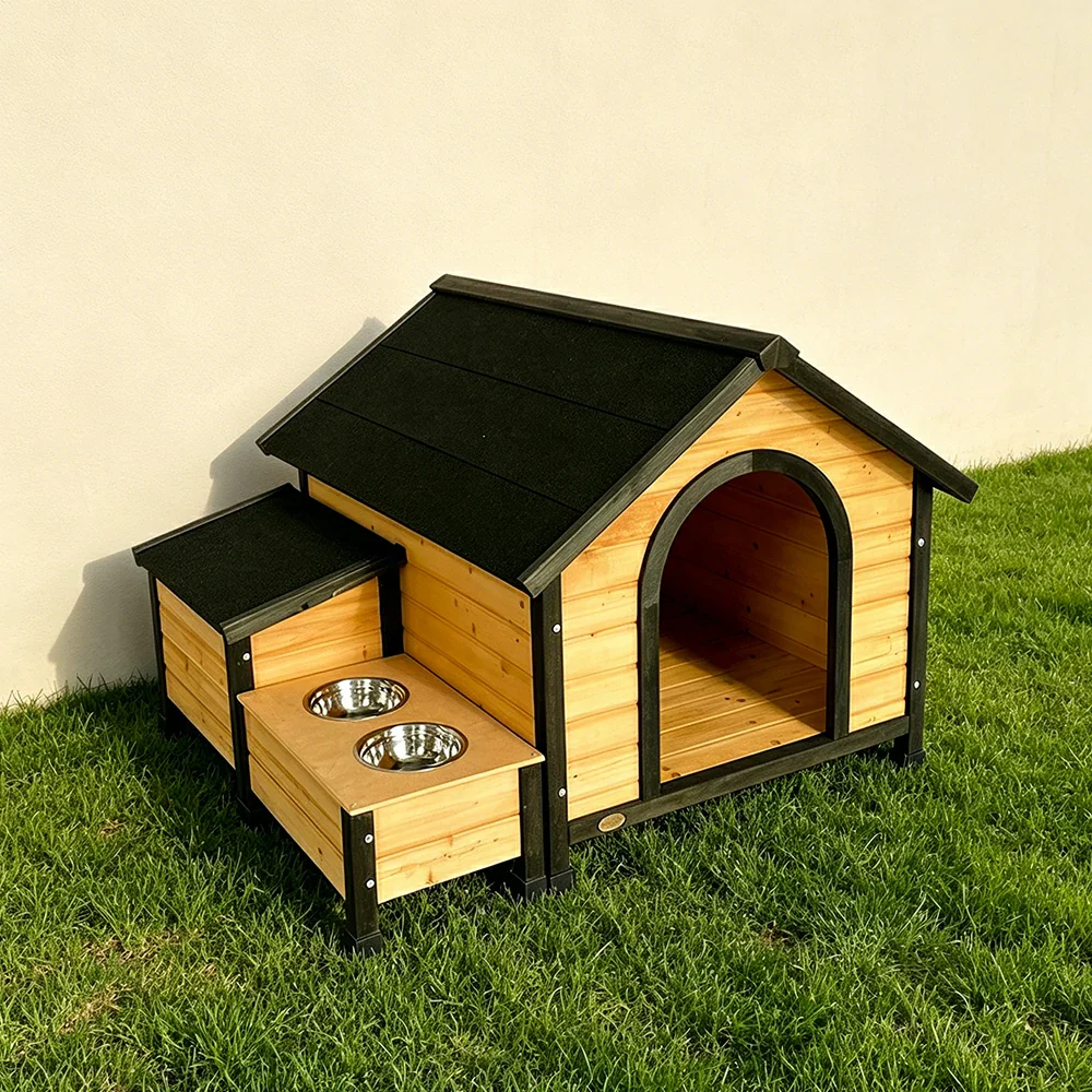 PAWORA Solid Wood Dog House with Side Double-Bowl Feeding Station and Built-In Storage Box For Outdoor Patio Lawn - Image 4