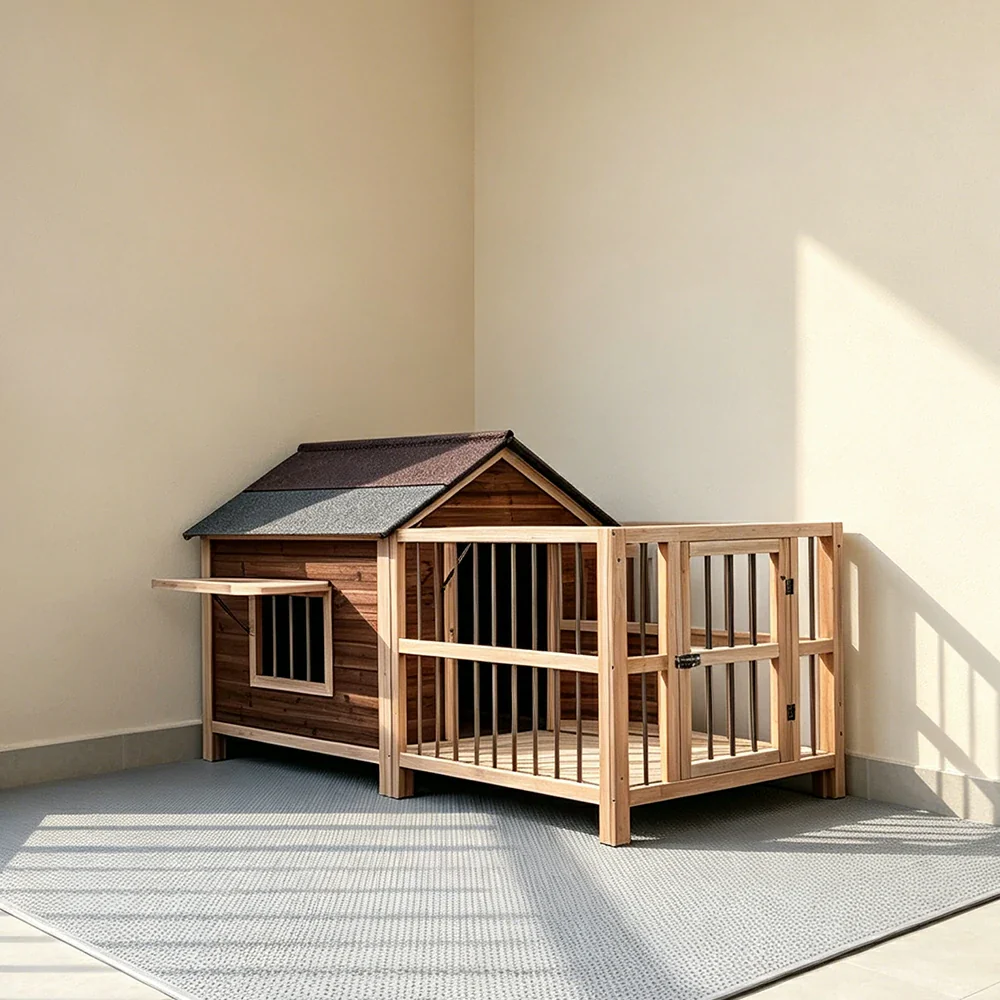PAWORA Solid Wood Dog House with Fenced Yard Carbonised Wood Asphalt Roof For Semi-Outdoor Patio Lawn - Image 2