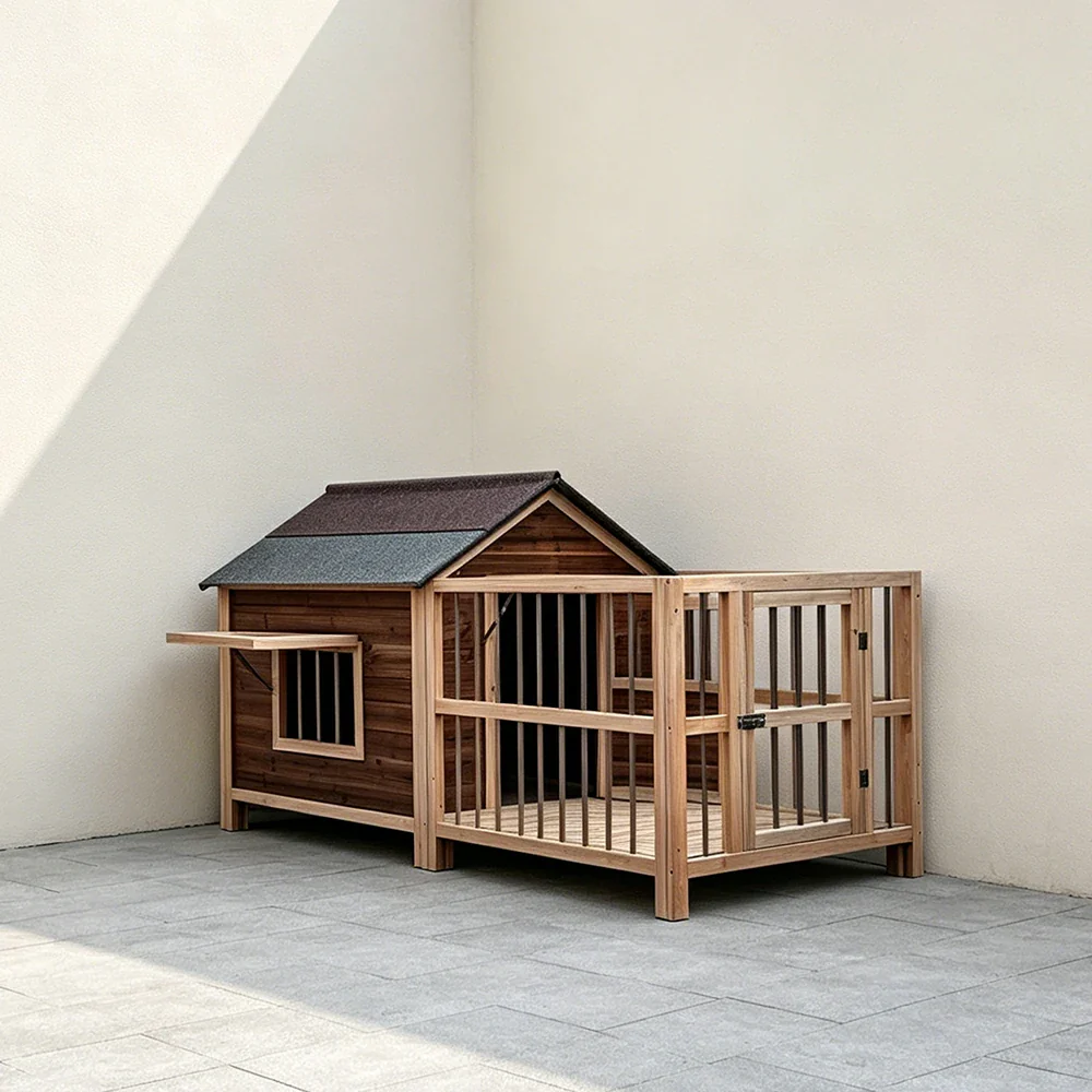 PAWORA Solid Wood Dog House with Fenced Yard Carbonised Wood Asphalt Roof For Semi-Outdoor Patio Lawn - Image 5