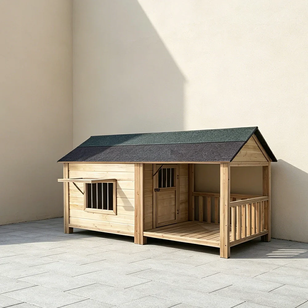 PAWORA Luxury Solid Wood Dog House with Front Fenced Porch Pine Wood Structure Weather-Resistant Roof For Patio - Image 2