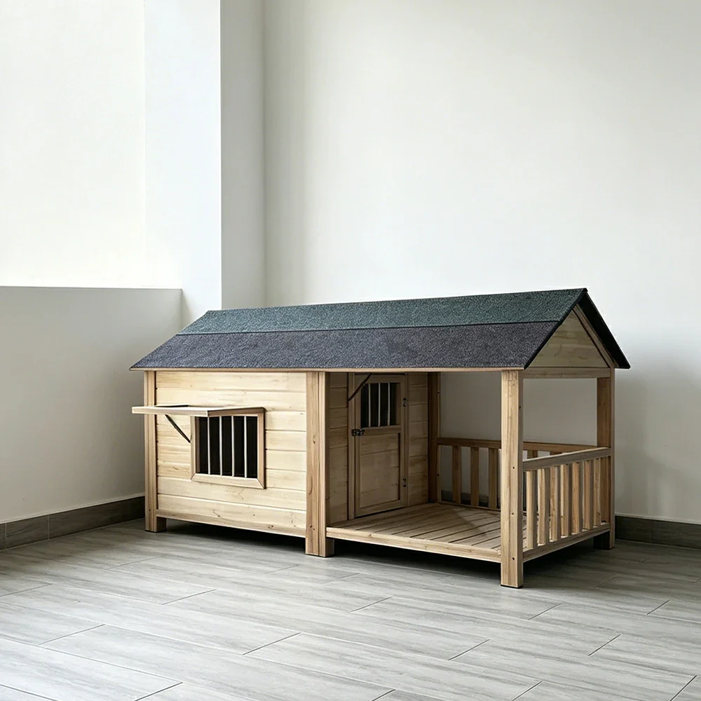 PAWORA Luxury Solid Wood Dog House with Front Fenced Porch Pine Wood Structure Weather-Resistant Roof For Patio - Image 4