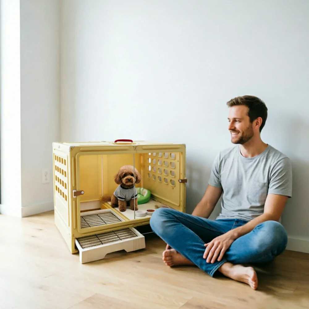 PAWORA Medium Indoor Dog Villa with Transparent Doors Ventilated Side Panels Easy-Clean For Living Room Bedroom Pet Area - Yellow - Image 6