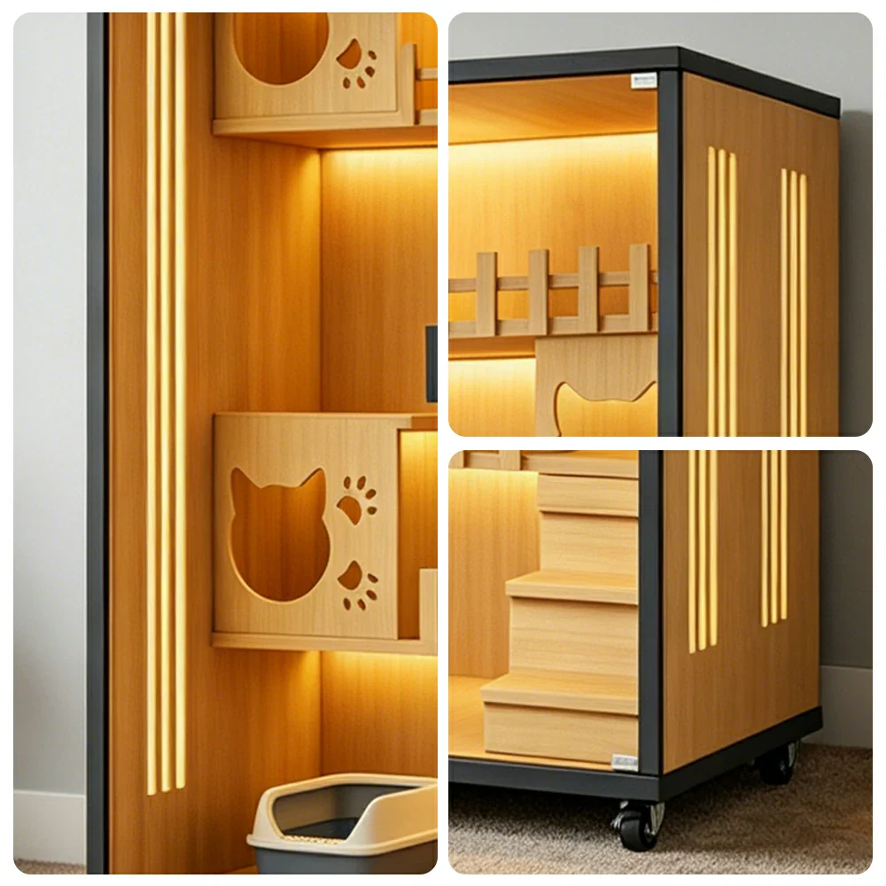 PAWORA Large Multi-Level Cat Villa with Zoned Living Space Tempered Glass Doors For Multi-Cat Homes - Wood - Image 3