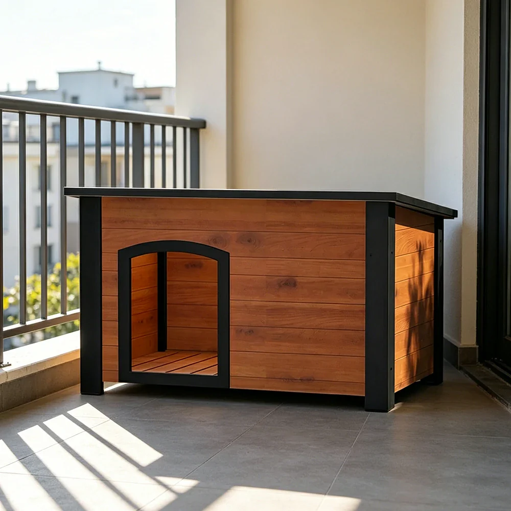 PAWORA Small Dog Solid Wood Pet House with Raised Base Large Entrance Waterproof Durable For Patio Balcony Yard - Orange - Image 4