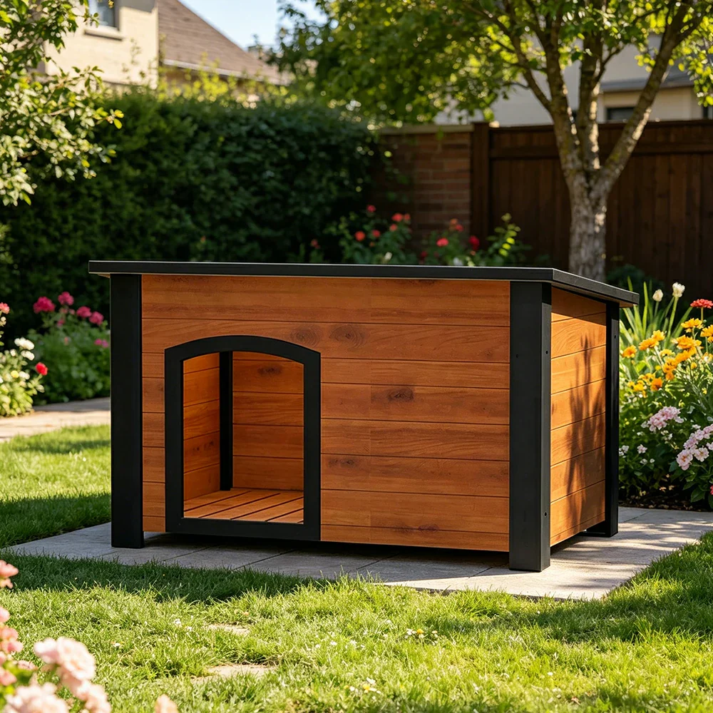 PAWORA Small Dog Solid Wood Pet House with Raised Base Large Entrance Waterproof Durable For Patio Balcony Yard - Orange - Image 5