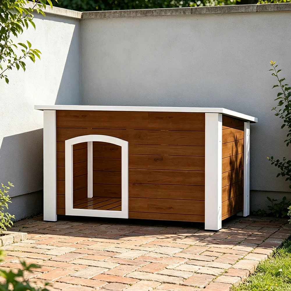 PAWORA Small Dog Solid Wood Pet House with Raised Base Large Entrance Waterproof Durable For Patio Balcony Yard - Coffee - Image 2