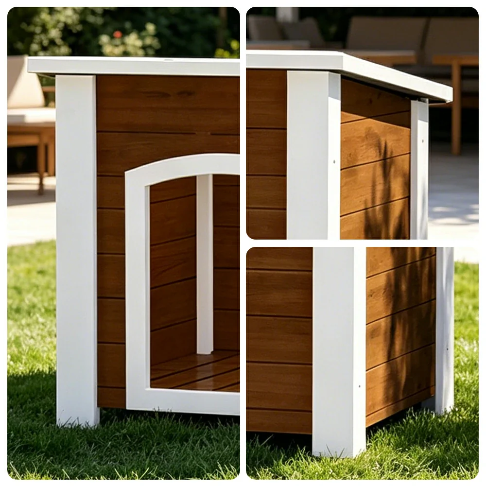 PAWORA Small Dog Solid Wood Pet House with Raised Base Large Entrance Waterproof Durable For Patio Balcony Yard - Coffee - Image 3