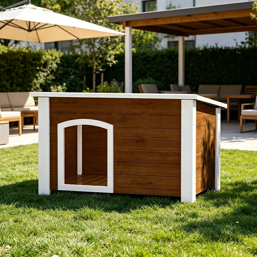 PAWORA Small Dog Solid Wood Pet House with Raised Base Large Entrance Waterproof Durable For Patio Balcony Yard - Coffee - Image 4