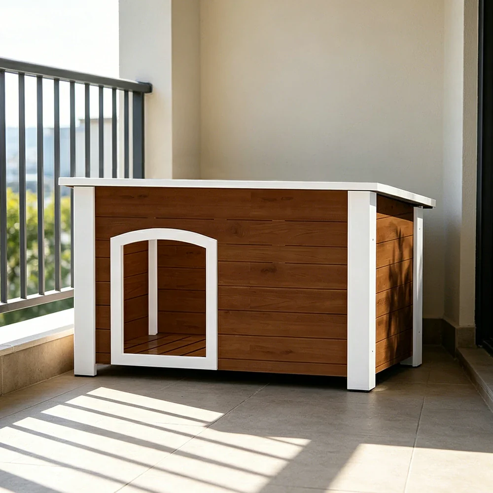 PAWORA Small Dog Solid Wood Pet House with Raised Base Large Entrance Waterproof Durable For Patio Balcony Yard - Coffee - Image 5