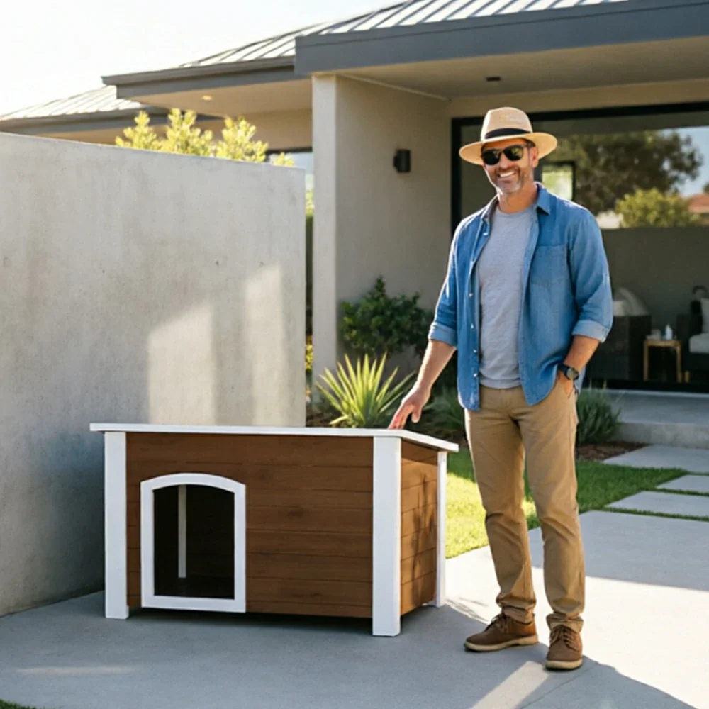 PAWORA Small Dog Solid Wood Pet House with Raised Base Large Entrance Waterproof Durable For Patio Balcony Yard - Coffee - Image 6