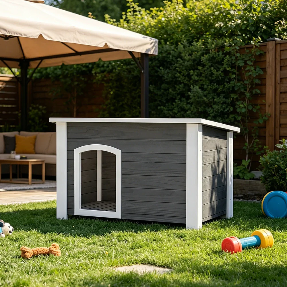 PAWORA Small Dog Solid Wood Pet House with Raised Base Large Entrance Waterproof Durable For Patio Balcony Yard - Grey - Image 2