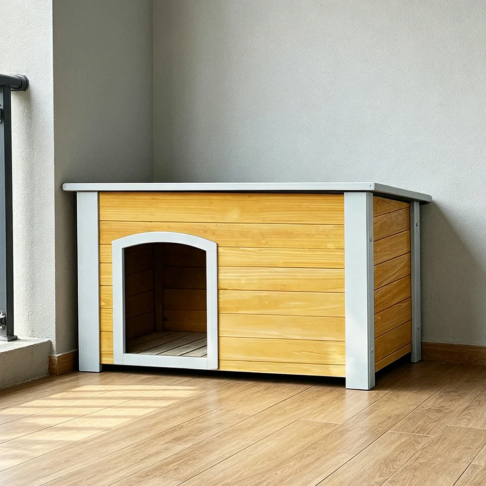 PAWORA Small Dog Solid Wood Pet House with Raised Base Large Entrance Waterproof Durable For Patio Balcony Yard - Yellow - Image 4
