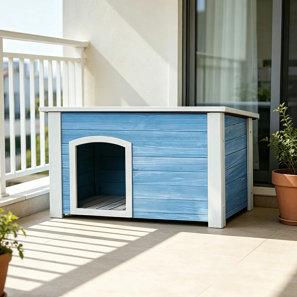 PAWORA Small Dog Solid Wood Pet House with Raised Base Large Entrance Waterproof Durable For Patio Balcony Yard - Blue - Image 5
