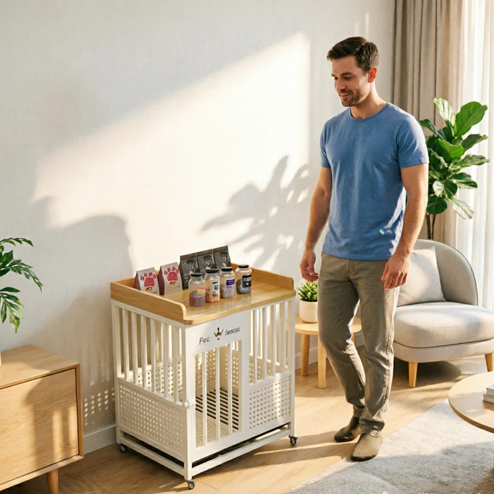 PAWORA Indoor Pet Cage with Reinforced Steel Frame Top Storage and Removable Washable Tray For Living Room Bedroom Balcony - White&Wood - Image 6