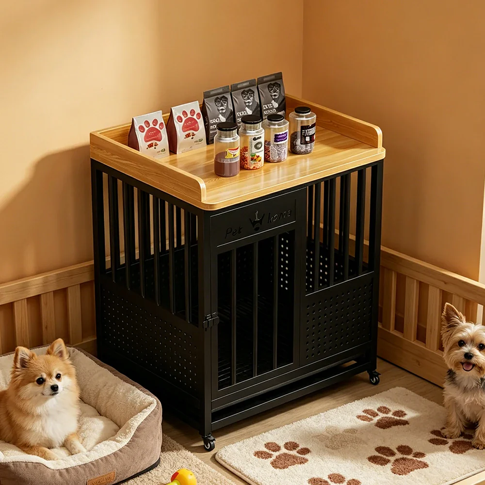 PAWORA Indoor Pet Cage with Reinforced Steel Frame Top Storage and Removable Washable Tray For Living Room Bedroom Balcony - Black&Wood - Image 2