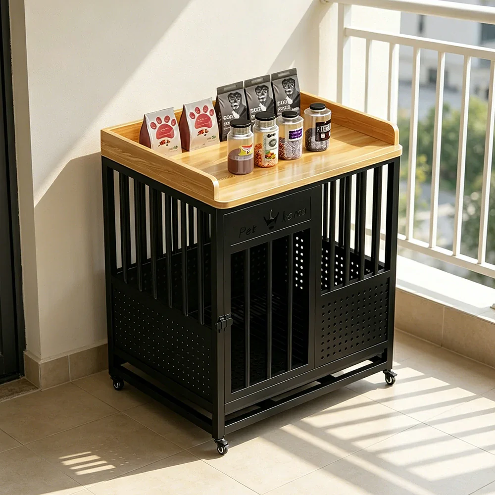 PAWORA Indoor Pet Cage with Reinforced Steel Frame Top Storage and Removable Washable Tray For Living Room Bedroom Balcony - Black&Wood - Image 4