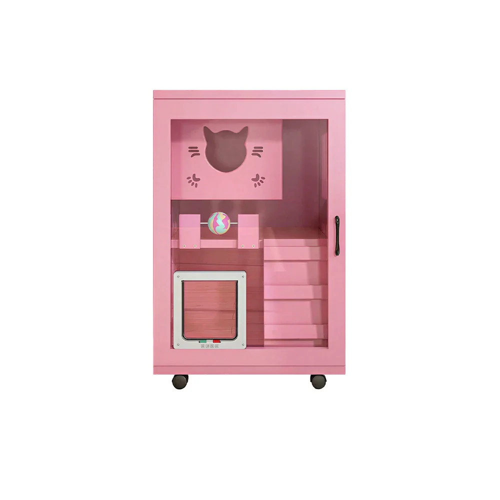 PAWORA Multi-Level Cat Cabinet with Ventilated Transparent Doors 60x60x90cm For Living Room Balcony Pet Room - Pink