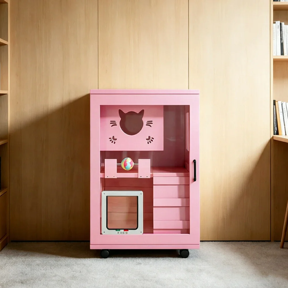 PAWORA Multi-Level Cat Cabinet with Ventilated Transparent Doors 60x60x90cm For Living Room Balcony Pet Room - Pink - Image 4