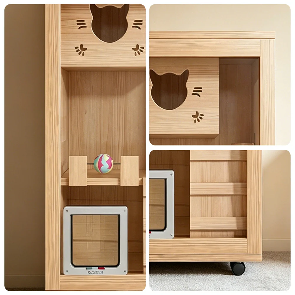 PAWORA Multi-Level Cat Cabinet with Ventilated Transparent Doors 60x60x120cm For Living Room Balcony Pet Room - Wood - Image 3