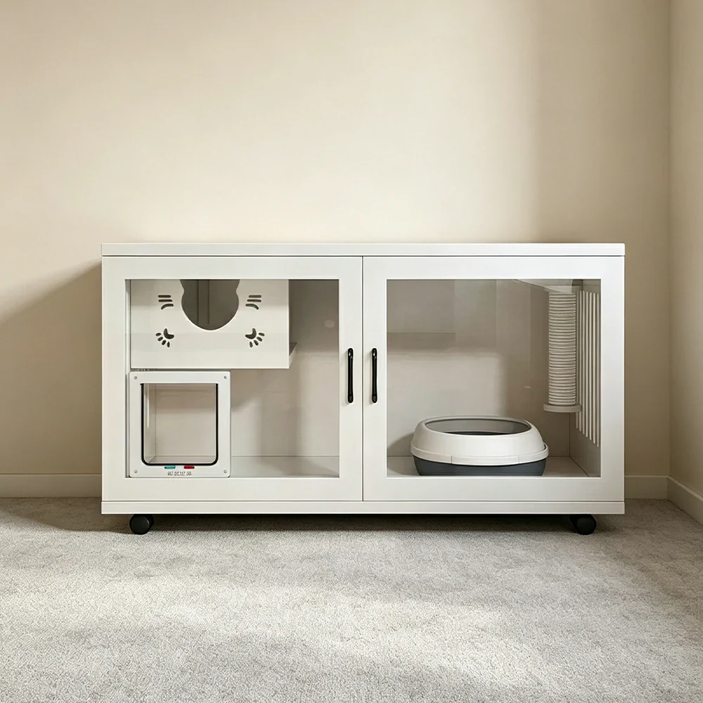 PAWORA Multi-Level Cat Cabinet with Ventilated Transparent Doors 120x60x60cm For Living Room Balcony Pet Room - White - Image 2