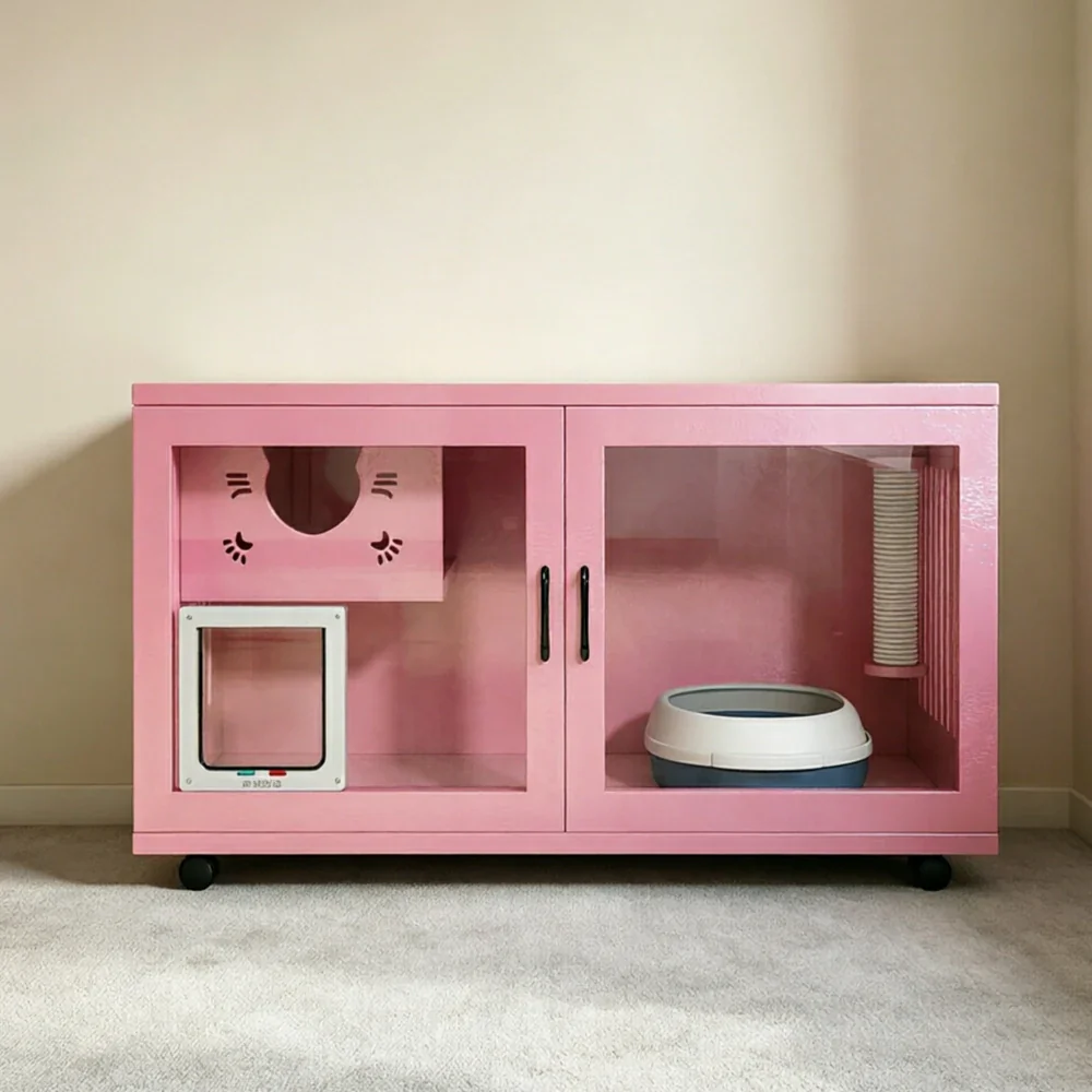 PAWORA Multi-Level Cat Cabinet with Ventilated Transparent Doors 120x60x60cm For Living Room Balcony Pet Room - Pink - Image 4