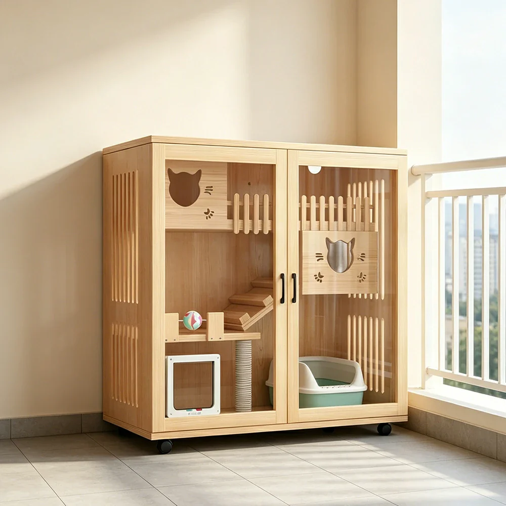 PAWORA Multi-Level Cat Cabinet with Ventilated Transparent Doors 120x60x120cm For Living Room Balcony Pet Room - Wood - Image 2