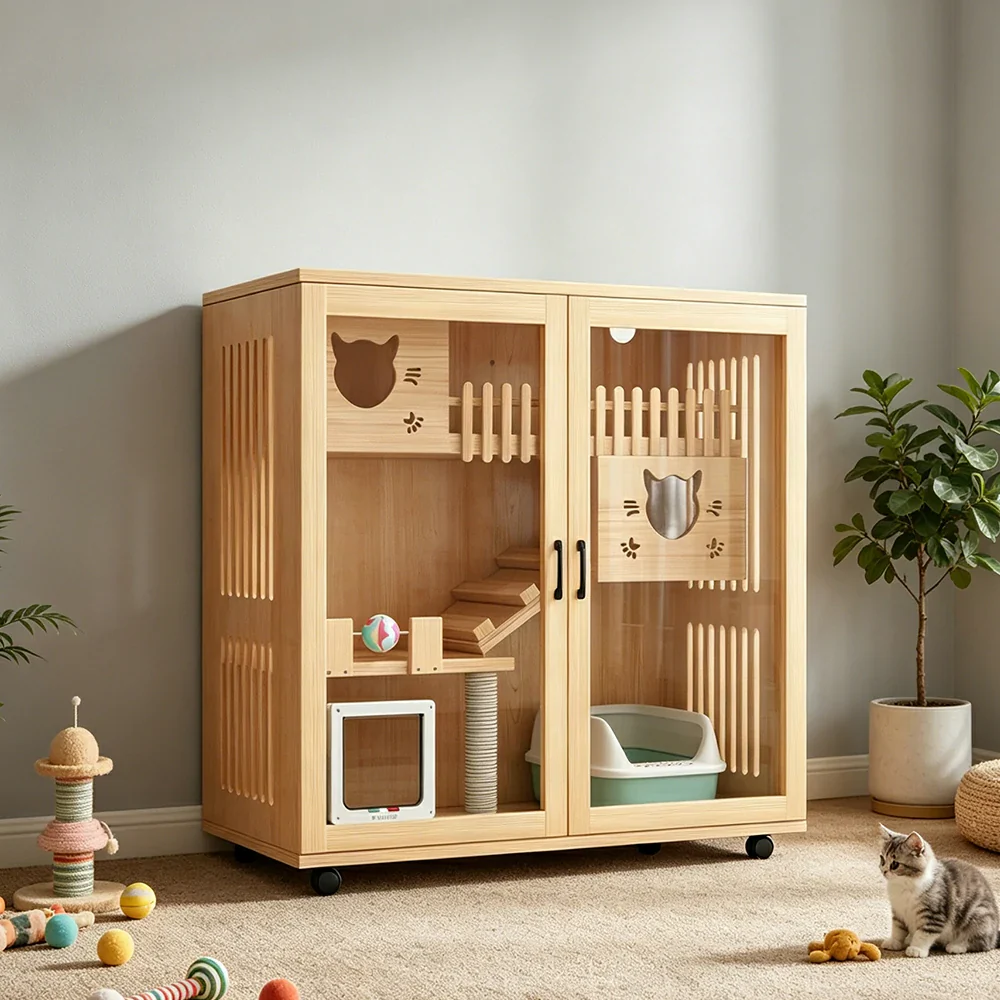 PAWORA Multi-Level Cat Cabinet with Ventilated Transparent Doors 120x60x120cm For Living Room Balcony Pet Room - Wood - Image 5