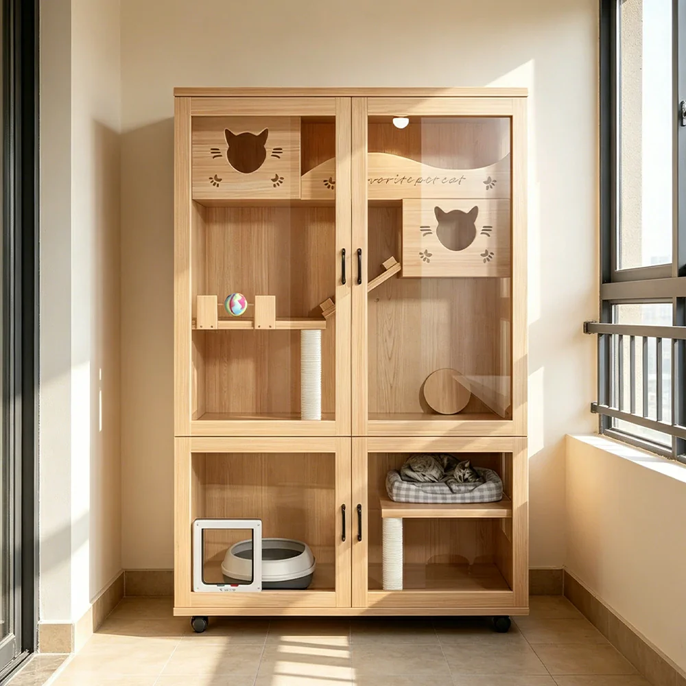 PAWORA Multi-Level Cat Cabinet with Ventilated Transparent Doors 120x60x180cm For Living Room Balcony Pet Room - Wood - Image 2
